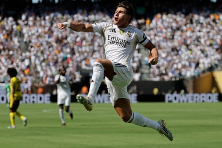 Fran García celebrates after scoring Real Madrid’s second goal against Borussia Dortmund.