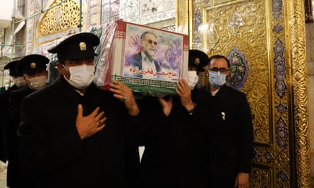 A ceremony for Iranian nuclear scientist Mohsen Fakhrizadeh, who was killed by a robot machine gun operated by an assassin located 1,000km away.