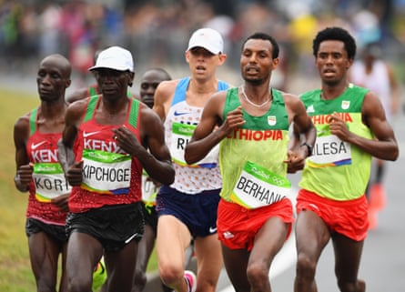 Eliud Kipchoge, second from left, at the 2016 Olympics in Rio.