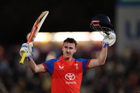 England's Harry Brook celebrates after the end of the innings.