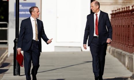 Britain’s foreign secretary Dominic Raab (left) and the new permanent under-secretary Philip Barton arrive at the newly merged Foreign, Commonwealth and Development office