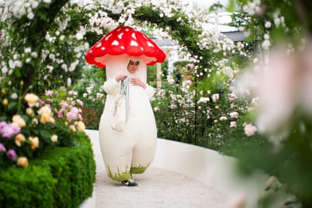 A woman dressed as a mushroom walks through a rose garden.