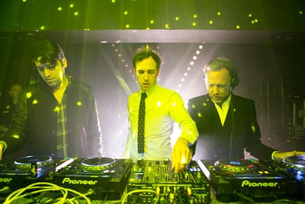 Erol Alkan, Stephen and David Dewaele on stage in Barcelona in 2014.