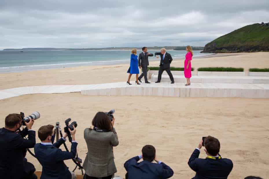The Johnsons meet the French president, Emmanuel Macron, and his partner, Brigitte Macron.