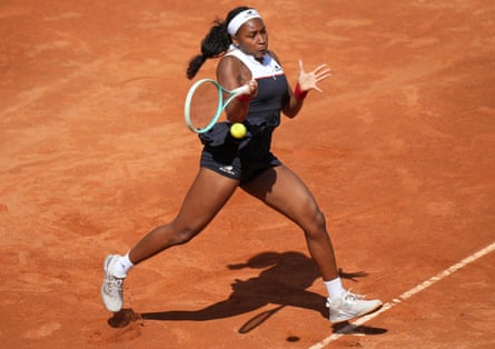 Coco Gauff plays a powerful forehand