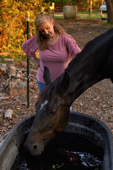 A horse drinking water from a trough while a woman wearing a pink t-shirt looks over