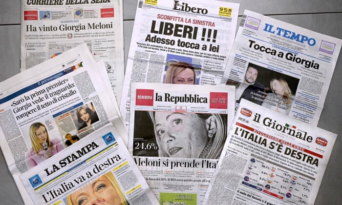 The front pages of Italian newspapers with photos of the leader of the Italian far-right party "Fratelli from Italy" (Brothers of Italy) Giorgia Meloni, the day after her party's victory in the legislative elections.
