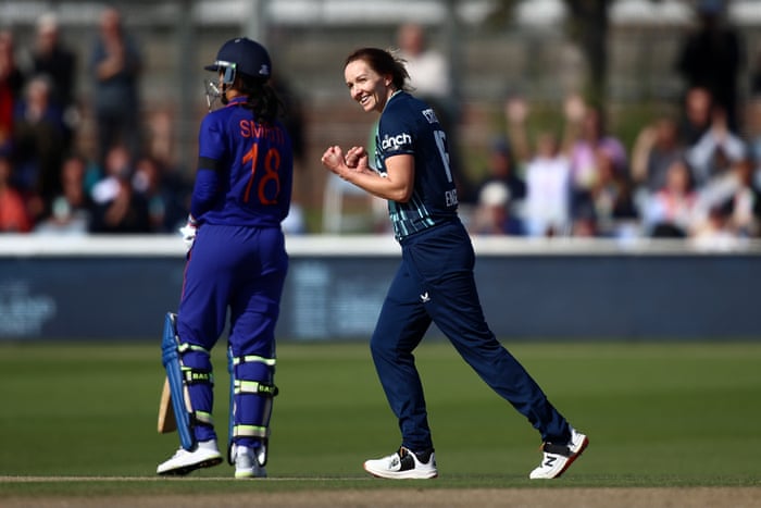 Kate Cross celebrates taking the wicket of Shafali Verma.