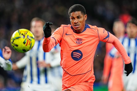 Marcus Rashford chases a ball for Barcelona against Real Sociedad.