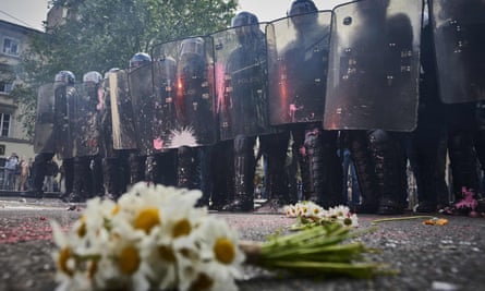 A police line at a protest in Lyon.