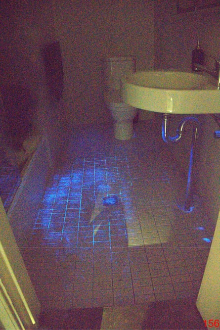 Exhibit from the trail of Beau Lamarre-Condon showing a bathroom in Jesse Baird’s Paddington home, with alleged blood stains glowing with luminol.