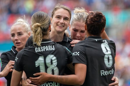 Vivianne Miedema is congratulated by her teammates after scoring in the Women’s FA Cup final against Brighton