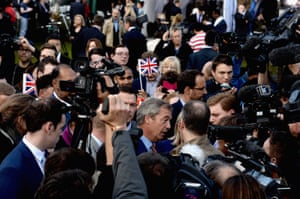 Nigel Farage, the leader of Ukip and the Vote Leave campaign, speaks to the assembled media at College Green, Westminster