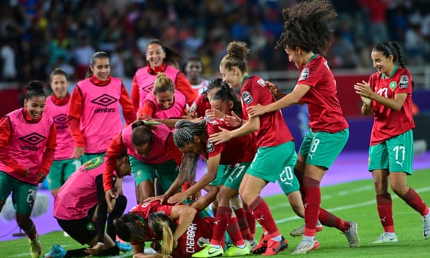 Morocco players celebrate during their match against Burkina Faso