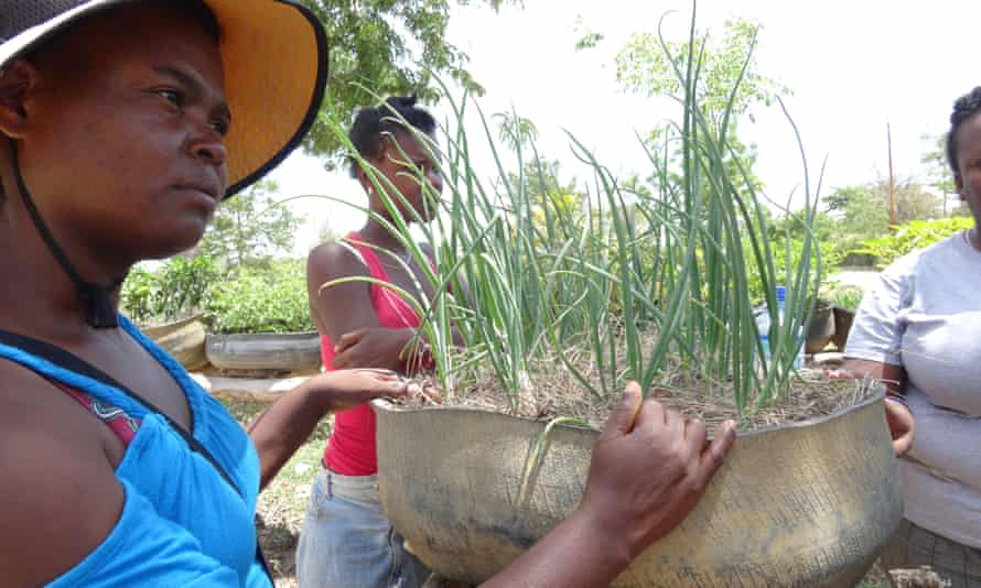 Ginette Hilaire, an MPP agricultural technician, shows women how to grow vegetables with old tires.