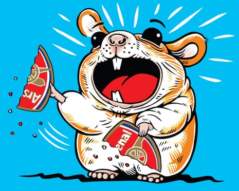 A cartoon hamster screams while breaking an Arsenal crest