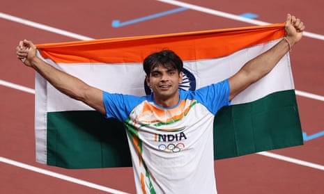 Neeraj Chopra celebrates his javelin victory in Tokyo on Saturday, India’s first ever athletics gold.