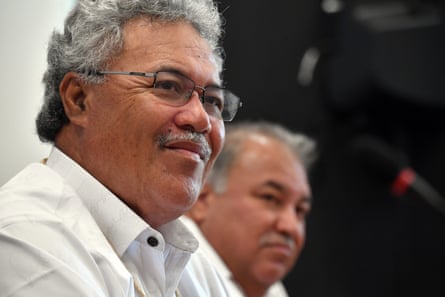Fiji’s prime minister Enele Sopoaga and Nauru’s former President Baron Waqa at a press conference during the Pacific Islands Forum in Funafuti, Tuvalu, Tuesday, August 13, 2019.