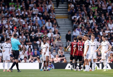 Joachim Andersen (second right) is shown a red card