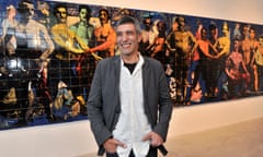 Khosrow Hassanzadeh with his work Haft Khan: The Seven Labours of Rostam, mixed media on ceramic tiles, at the Nathalie Obadia gallery, Brussels, in 2010, the year of its creation. Persian folk wrestlers embodied the courage and chivalry of Rostam, the Iranian Hercules.