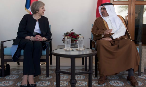 Theresa May meets Prince Salman bin Hamad bin Isa Al Khalifa, the Crown Prince of Bahrain, in Manama on Monday.