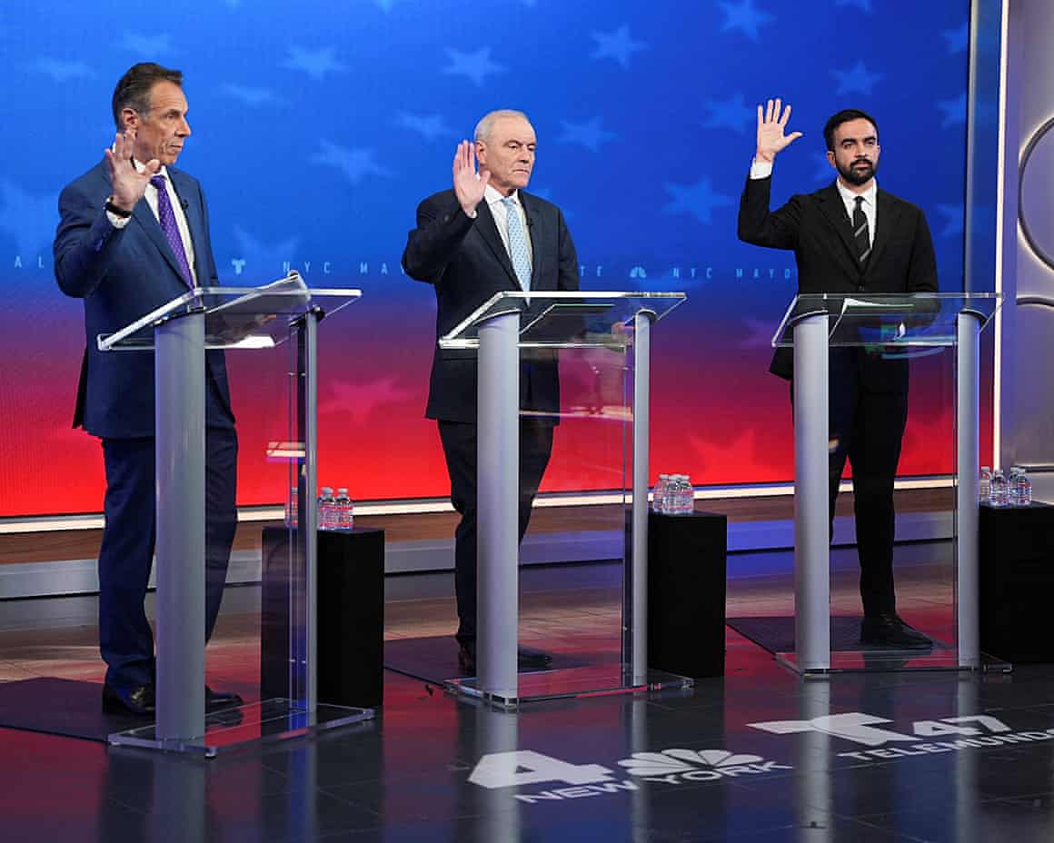 Candidates participate in mayoral debate in New YorkIndependent candidate former New York Gov. Andrew Cuomo, Republican candidate Curtis Sliwa and Democratic candidate Zohran Mamdani participate in a mayoral debate, in New York, U.S., October 16, 2025. Angelina Katsanis/Pool via REUTERS