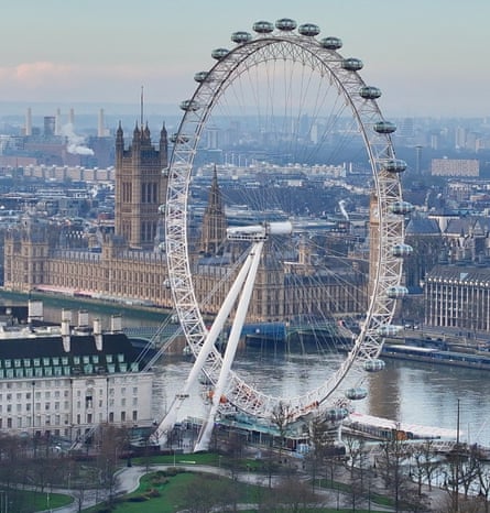 A drone view of the London Eye and the Houses of Parliament