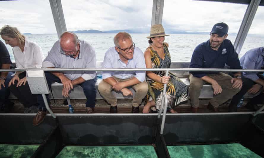 Prime minister Scott Morrison on a glass bottom boat during a visit to the Great Barrier Reef.