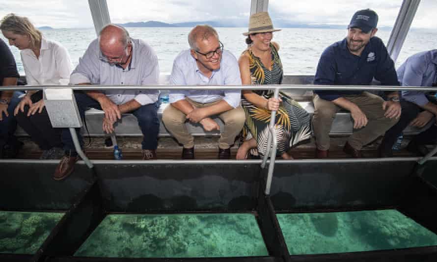 Scott Morrison views the reef from a glass bottom boat during a visit to the Great Barrier Reef