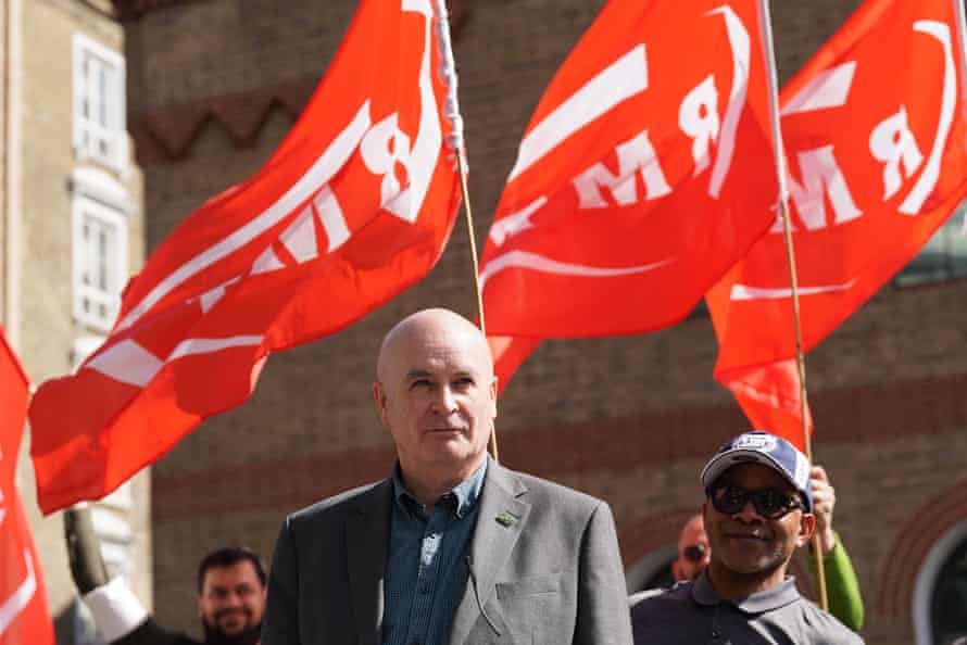 Mick Lynch on a picket line outside King’s Cross station in London this morning.