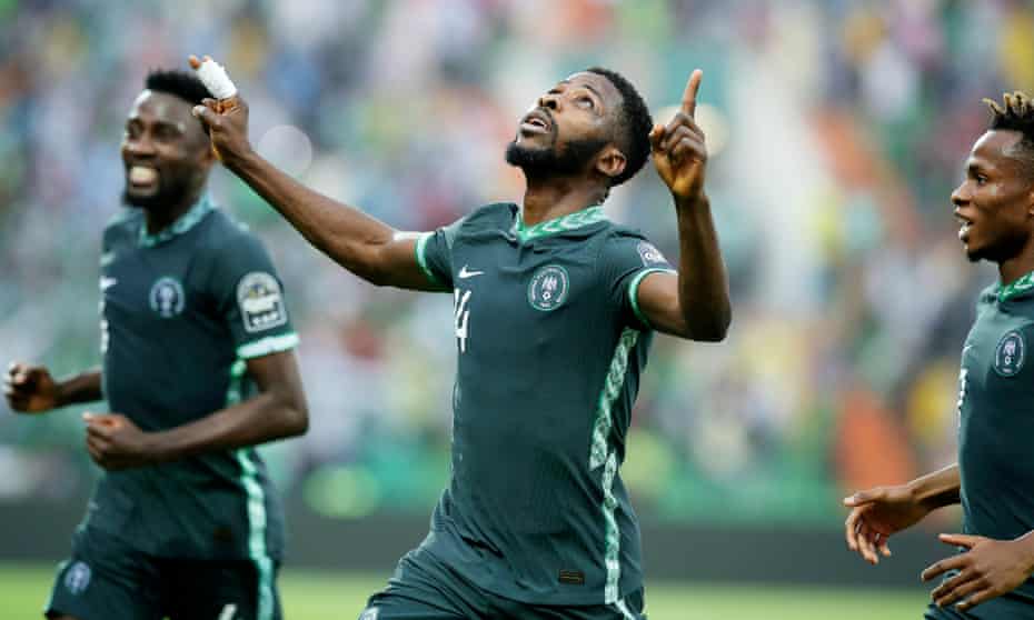 Kelechi Iheanacho looks to the sky in celebration after a fine finish in the first half against Egypt.
