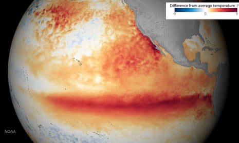 Pacific ocean surface average temperature during an El Niño event in December 2015 compared to 1981-2010 average temperatures.