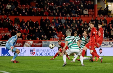 Celtic’s Benjamin Nygren scores his side’s second at Aberdeen