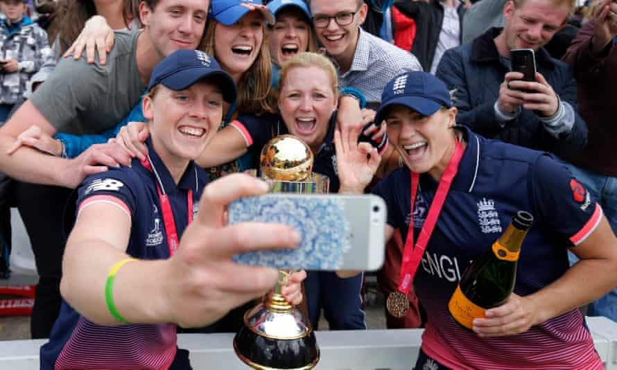 Katherine Brunt and her captain, Heather Knight, celebrate World Cup success in 2017.