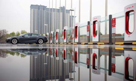 A Tesla at a charging point in Beijing, China.