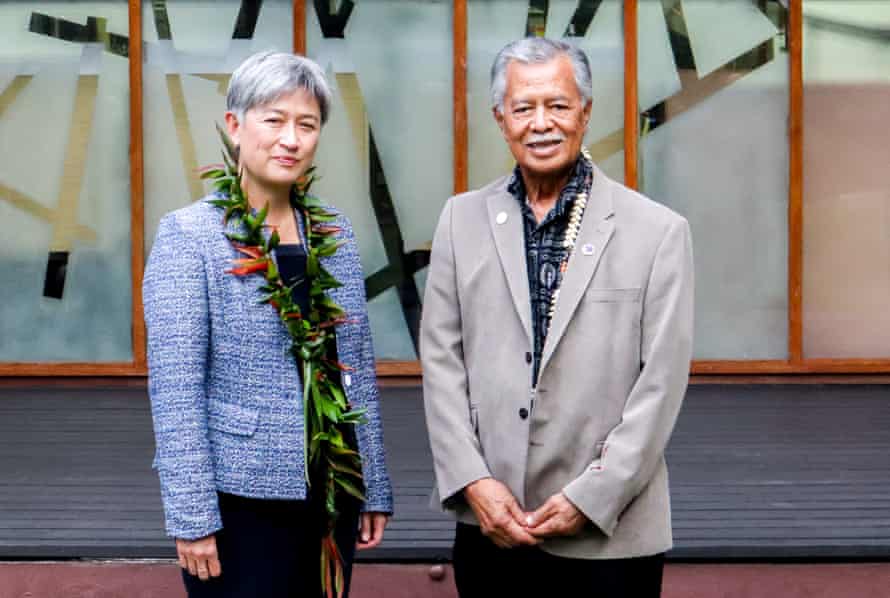 Australian foreign affairs minister Penny Wong meets with Henry Puna, the secretary general of the Pacific Island Forum, in Suva, Fiji on Thursday.