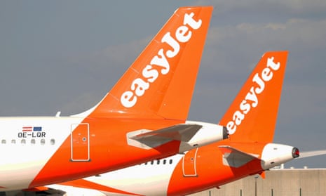 the tails of two EasyJet airplanes