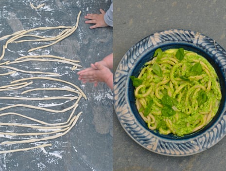 Easy pici and fun for kids: hand rolled pasta with cheesy pesto.
