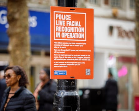 Posters warning people that the facial recognition is taking place. The Met Police use live facial recognition (LFR) in central Croydon as part of a pilot taking place across the capital. 16 April 2026