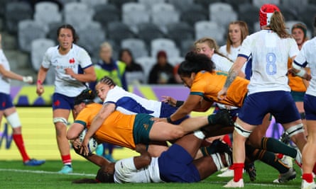 Eva Karpani crashes over for her third try in Australia’s 29-20 victory over France in the WXV1 match at Forsyth Barr Stadium in Dunedin.