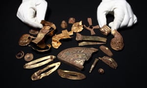 Objects from the Staffordshire hoard, discovered by detectorist Terry Herbert in 2009. Although lawfully reported, some archaeologists were unhappy to find that Herbert had dug for five days and recovered almost 250 artefacts before contacting the authorities.
