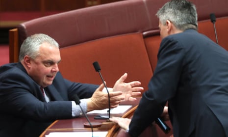 Stirling Griff talks to Mathias Cormann in the Senate. He doesn’t want tax cuts to be ‘fleeced off by high power prices’