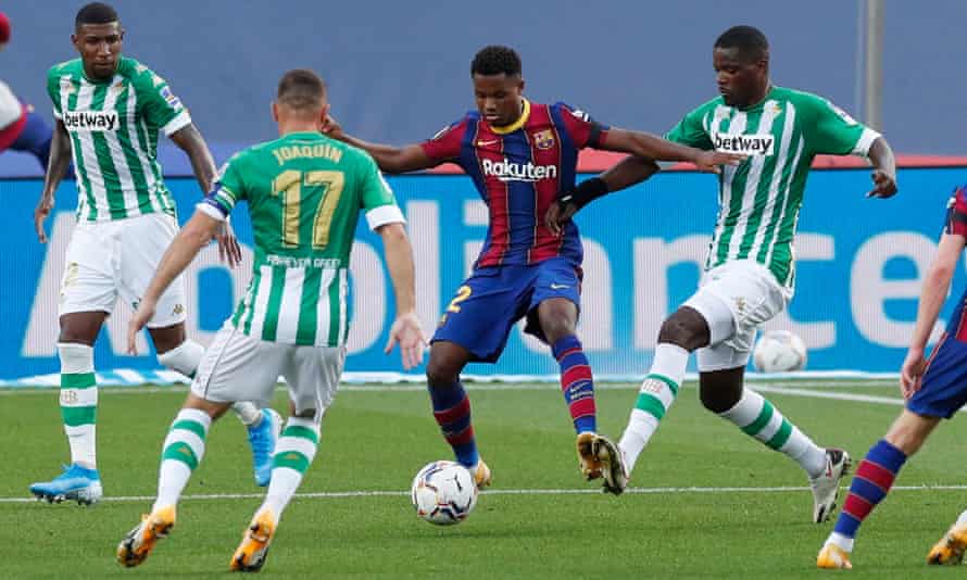 Ansu Fati in action for Barcelona against Real Betis last month. ‘The idea is for great players to stay,’ says Joan Laporta.