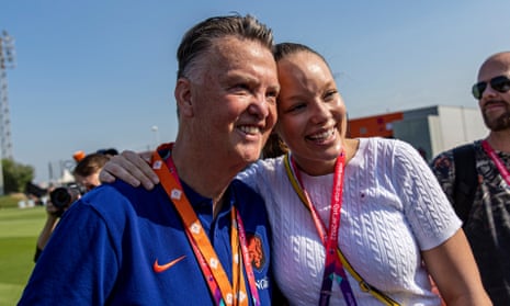 Louis van Gaal poses with a visitor to the Netherlands’ training session on Tuesday