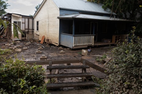 A home in South Lismore that was lifted off its foundation by the power of recent floods.
