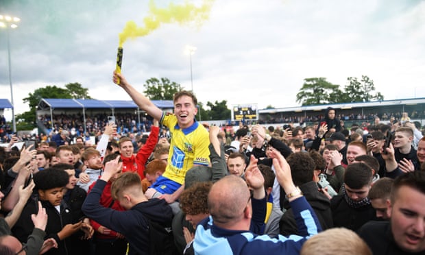 Solihull Moors’ Joe Sbarra celebrates with fans after the win over Chesterfield that took the club to the playoff final.
