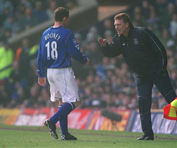 David Moyes gives instructions to a young Wayne Rooney while Everton’s manager in March 2003.