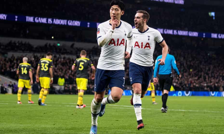 Son Heung-min (left) celebrates scoring for Spurs against Southampton, 5 February 2020.