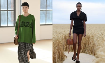 Models with toffee-coloured bags from Max Mara and Jacquemus.