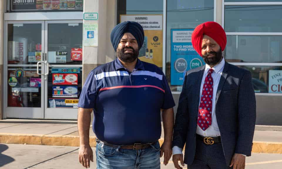 Sukhwinder Singh Sodhi, son of Balbir Singh Sodhi, left, and his uncle Rana Singh Sodhi stand for a portrait at Mesa Star, the store where Balbir Singh Sodhi was killed.